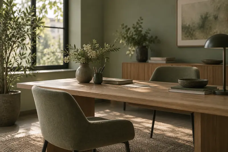 A quiet bright office room with an oak table and a sage wall