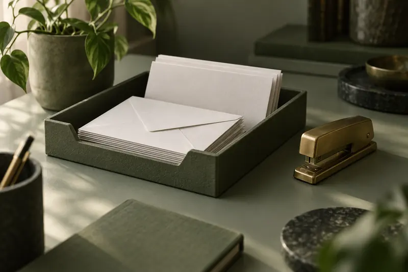 A letter tray with plain envelopes and a brass stapler on a sage desk