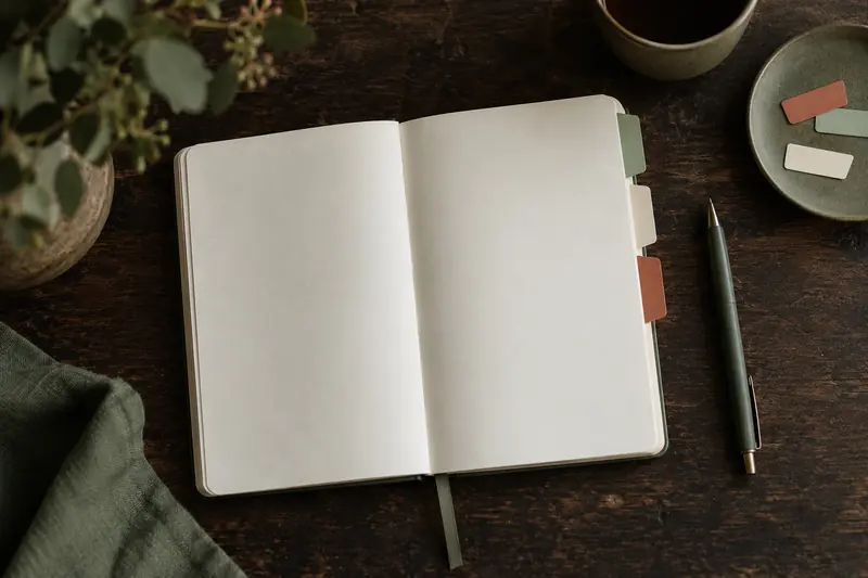 An open blank planner with coloured index tabs and a pen