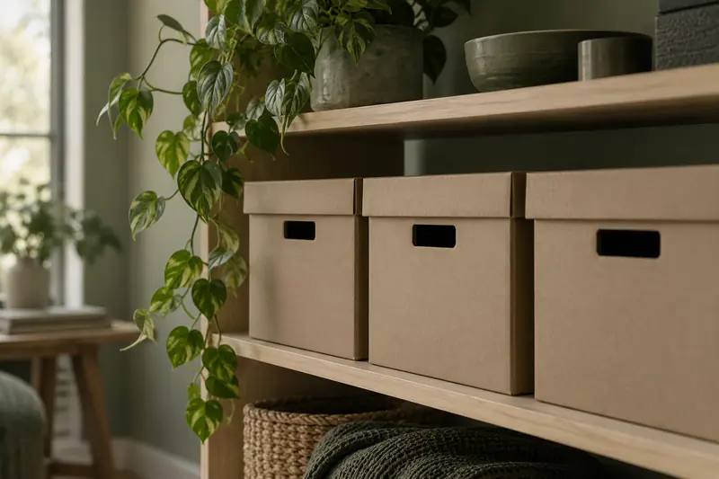 Plain archive boxes on a light wooden shelf