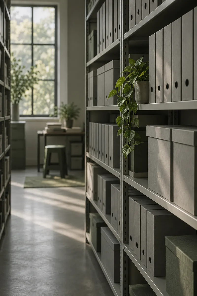 Rows of archive shelves with plain grey binders and boxes in soft window light