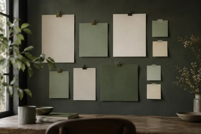 A studio wall with a grid of blank poster sheets and notes in sage and cream