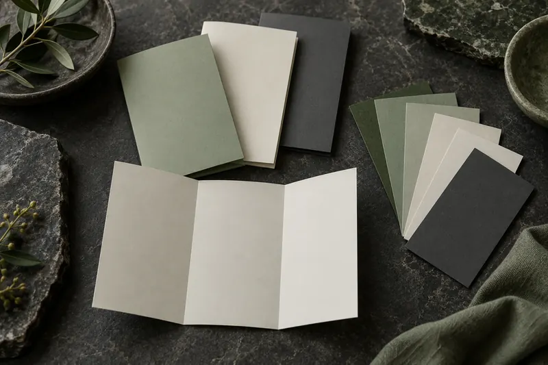 Blank brochures, leaflets and colour swatches fanned out on dark stone