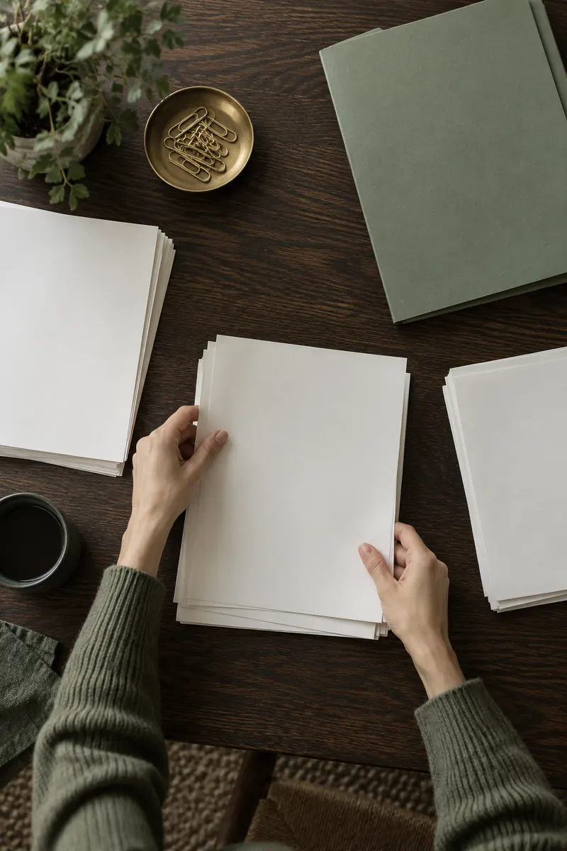 Hands sorting plain paper documents into tidy stacks on a dark desk