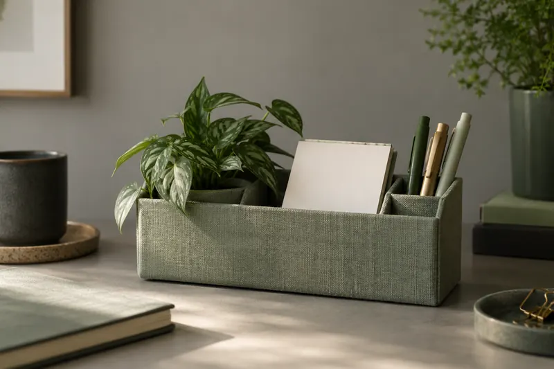 A sage linen desk organiser with pens, a blank notepad and a small plant