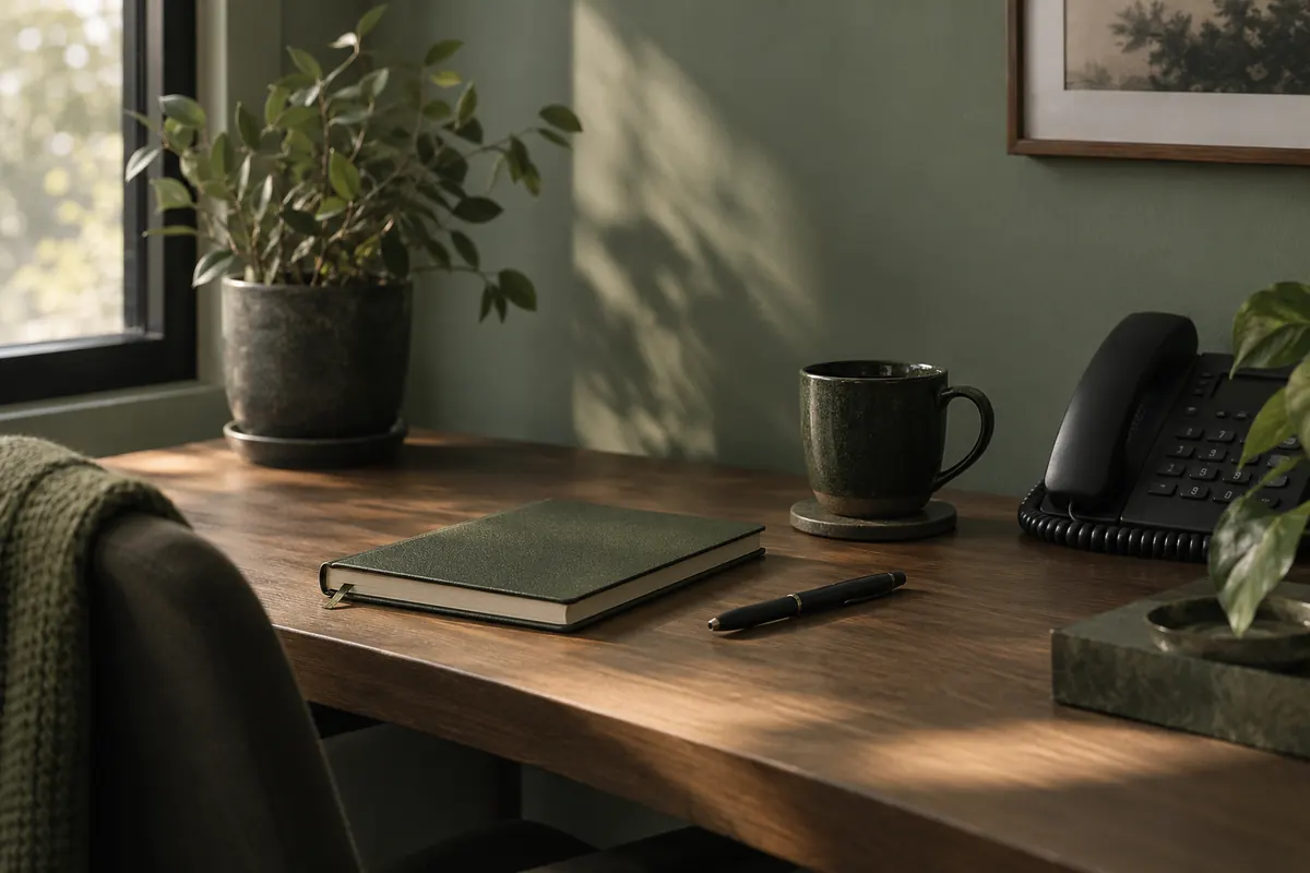 A desk corner with a closed notebook, a pen, a ceramic cup and a desk phone